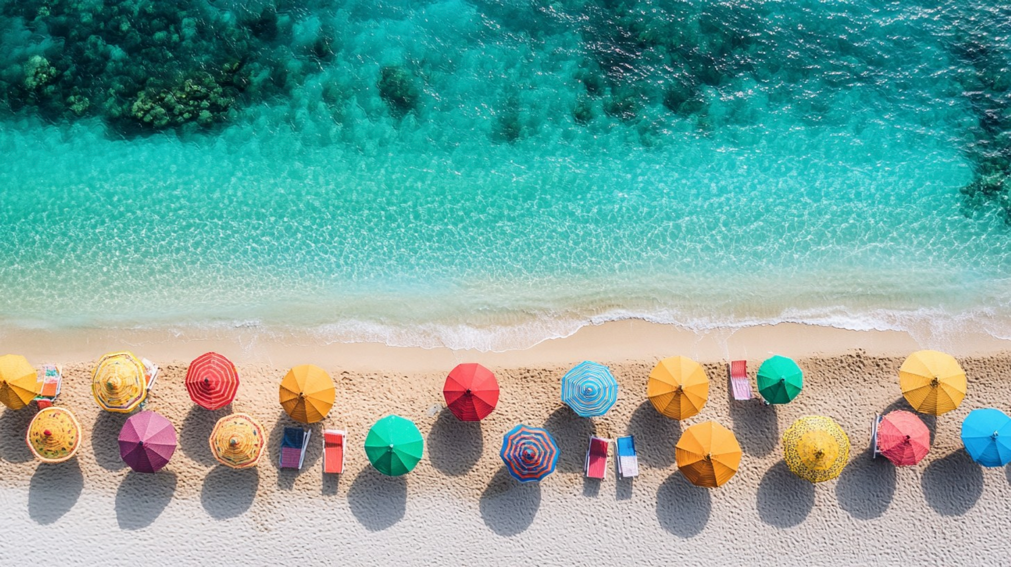 Colorful umbrellas lined up on a sandy beach with clear turquoise water.